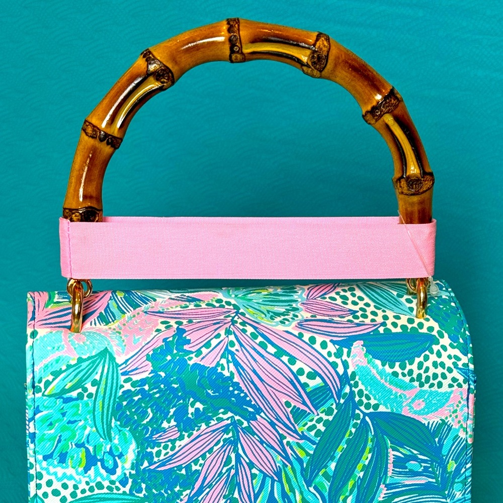 LILLY PULITZER Blue Mini Bag Bamboo Top Handle Botanical Green Holiday Sun - Picture 3 of 6